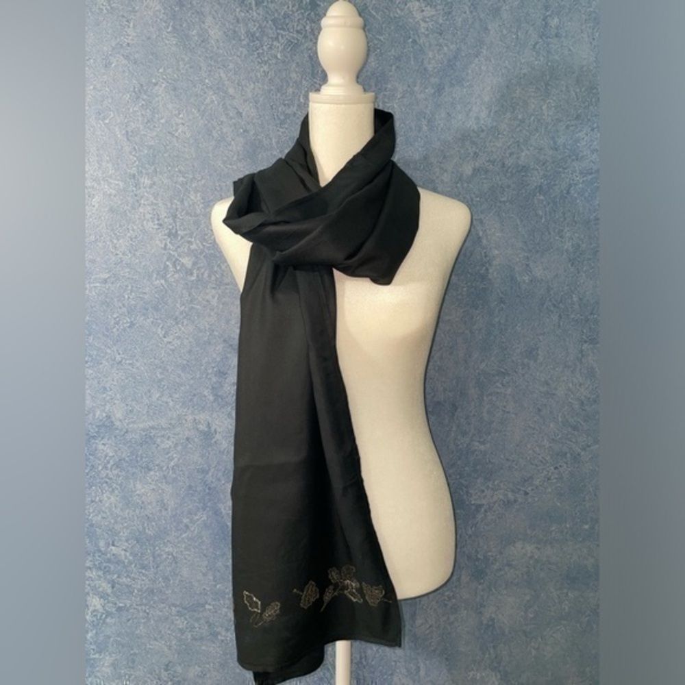 Liz Claiborne Black Scarf Embroidered Leaves